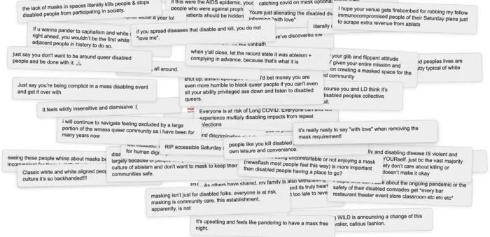 Collage van tientallen kritische Instagram-reacties op het besluit van Last Ditch om de mondkapjesplicht op zaterdagavond los te laten, zoals de Boston Globe ze aan het begin van het artikel toont.