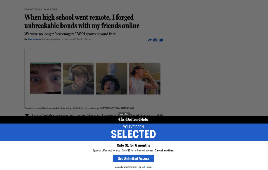 Artikelpagina van The Boston Globe in april 2026, met de titel, auteur, afbeeldingen en de eerste regel van het artikel zichtbaar boven een paywallbanner onderaan het scherm met het aanbod “$1 for 6 months”.