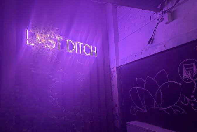 Paars verlichte neonletters met de naam Last Ditch aan een muur in de lesbische bar in Greenfield, Massachusetts.