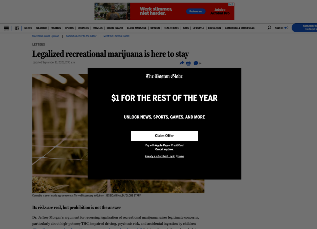 Artikelpagina van The Boston Globe waarop een grote zwarte paywall-overlay met het aanbod “$1 for the rest of the year” het grootste deel van de featured image en het begin van de tekst bedekt.