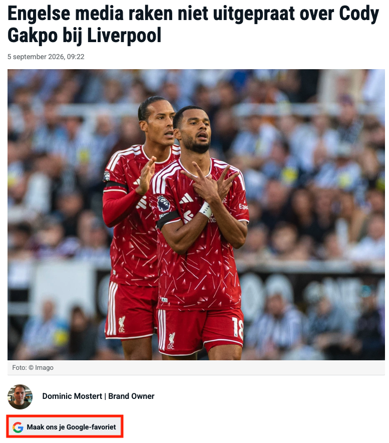 Artikel op fcupdate.nl met onder de auteursnaam de knop 'Maak ons je Google-favoriet', rood omcirkeld