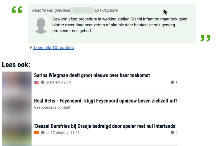 Uitgelichte lezersreactie in een artikel op fcupdate.nl met een link naar alle 10 reacties, en daaronder gerelateerde artikelen met het aantal reacties