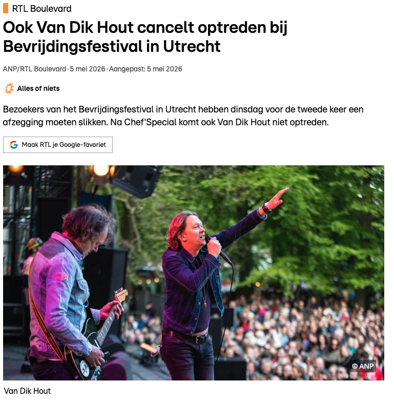 Screenshot van een RTL Boulevard-artikel van 5 mei 2026 met de kop ‘Ook Van Dik Hout cancelt optreden bij Bevrijdingsfestival in Utrecht’, met een foto van de band op een podium voor publiek.