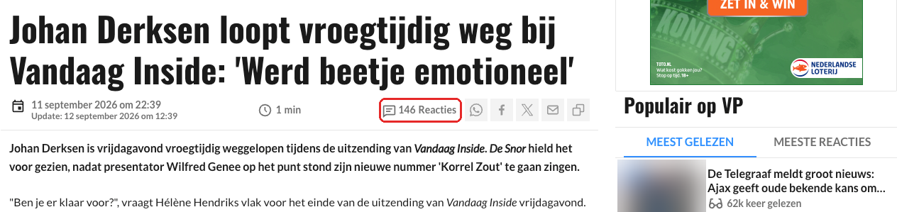 Artikel op voetbalprimeur.nl over Johan Derksen bij Vandaag Inside met 1 minuut leestijd en 146 reacties, rood omcirkeld